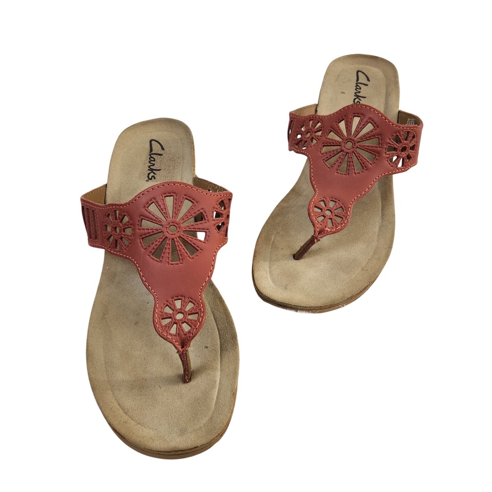 Clarks Womens Arla Glison Terracotta Leather Laser Cut Wedge Thong Sandals‎ 8.5M